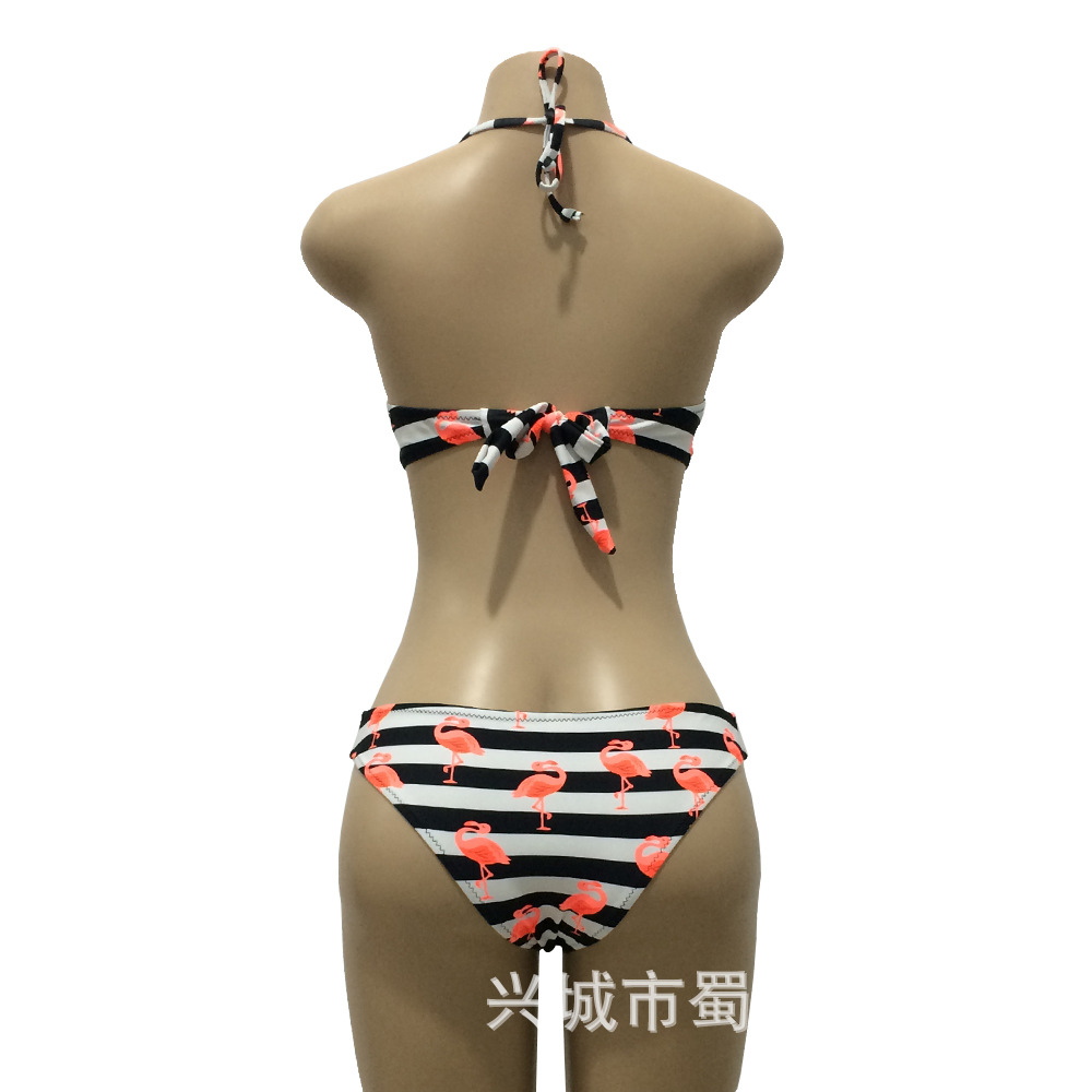 F4675-2Soild Flamingo Strip Print Halter Bikini Set